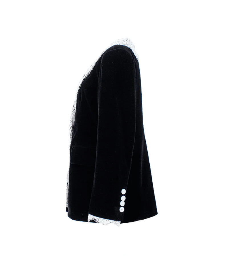 Flowering Girl Women lace-neck velvet blazer in black