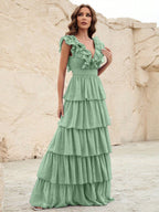 Flowering Girl Women Ruffle Trim Layered Hem Swiss Dot Chiffon Dress