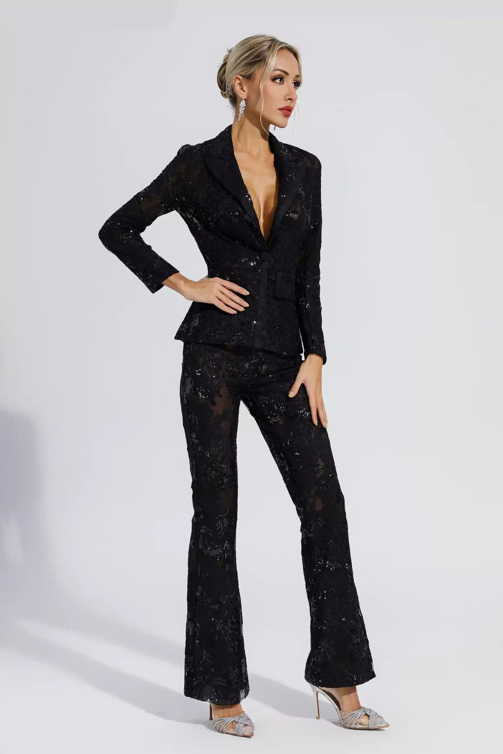 Vicky Black Cutout Floral Embroidered Sequin Blazer Set