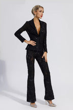 Vicky Black Cutout Floral Embroidered Sequin Blazer Set