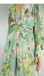 Flowering Girl Women V Neck Floral Print Chiffon Maxi Dress In Green
