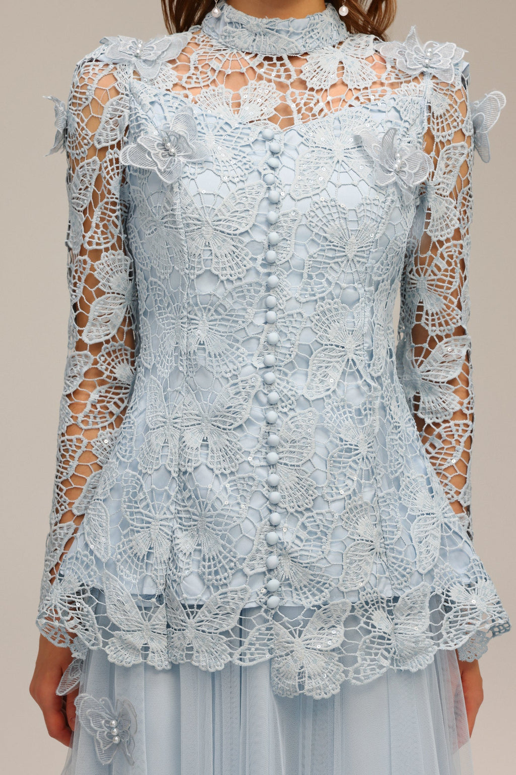 yvette blue Long Sleeve Folds Lace Butterfly Top And Skirt Two-Piece Set