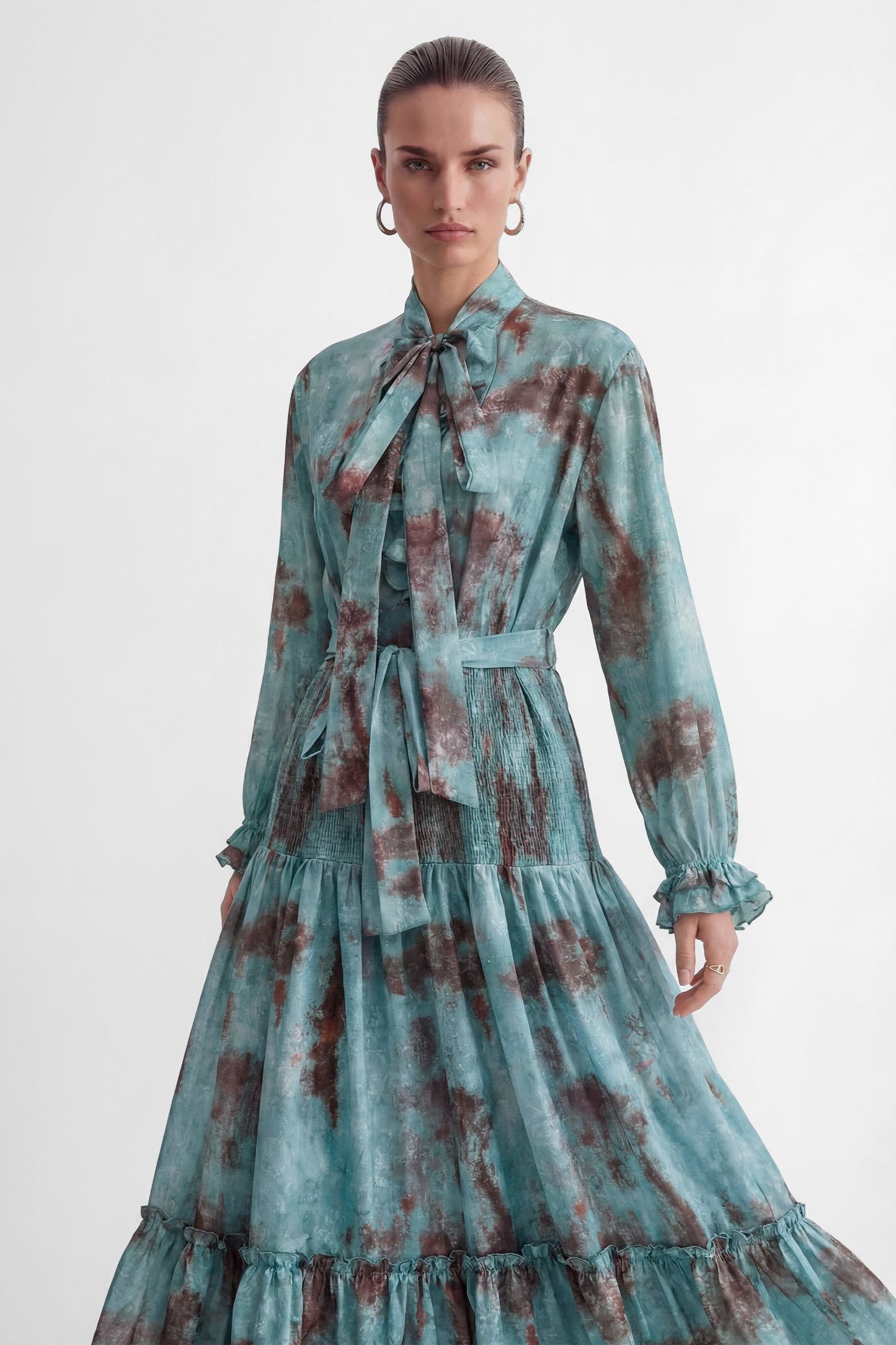 kristin Teal Printed Tiered Ruffle Maxi Dress - green