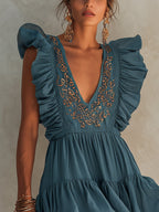 Blue Deep V-neck Ruffled hem Sleeve Embroidered Mini Dress