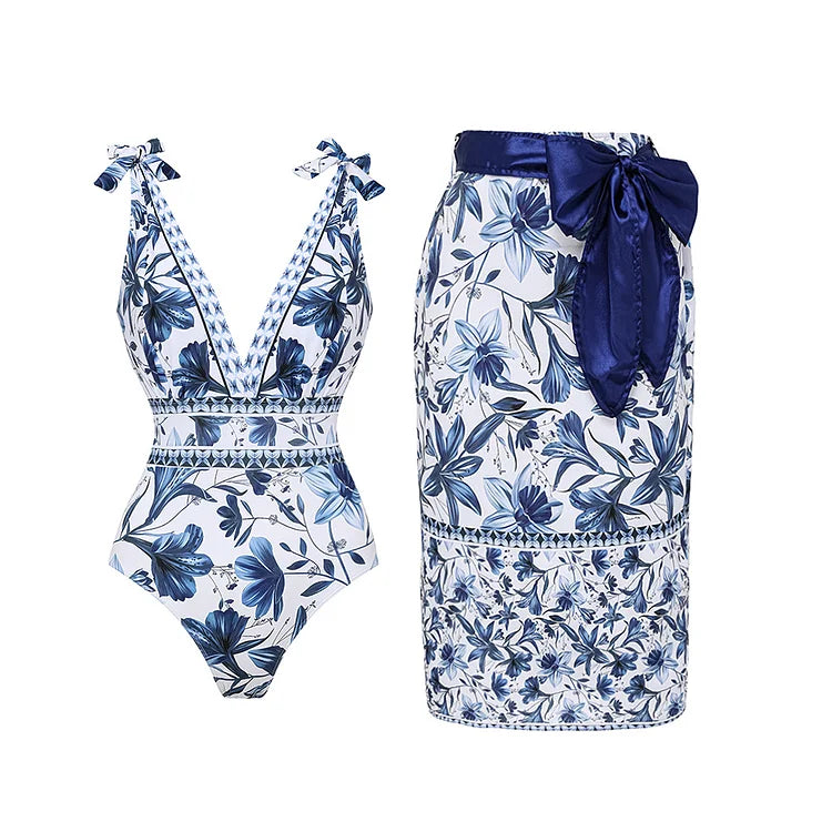 Flowering Girl Women V Neck Lace Up Printed One Piece Swimsuit and Skirt02