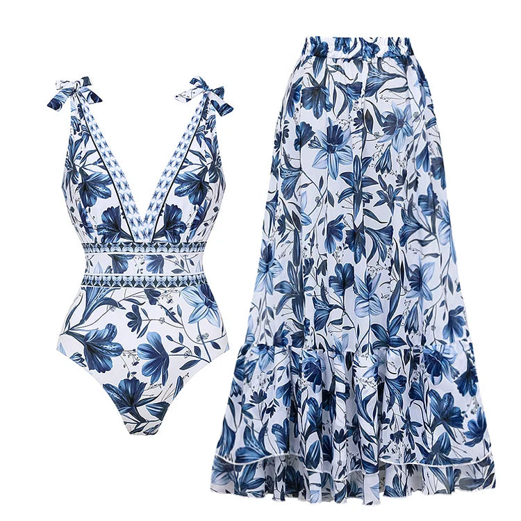 Flowering Girl Women V Neck Lace Up Printed One Piece Swimsuit and Skirt02