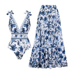 Flowering Girl Women V Neck Lace Up Printed One Piece Swimsuit and Skirt02