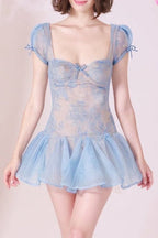 Flowering Girl Women Lace Embroidery Puffy Mini Dress In Blue