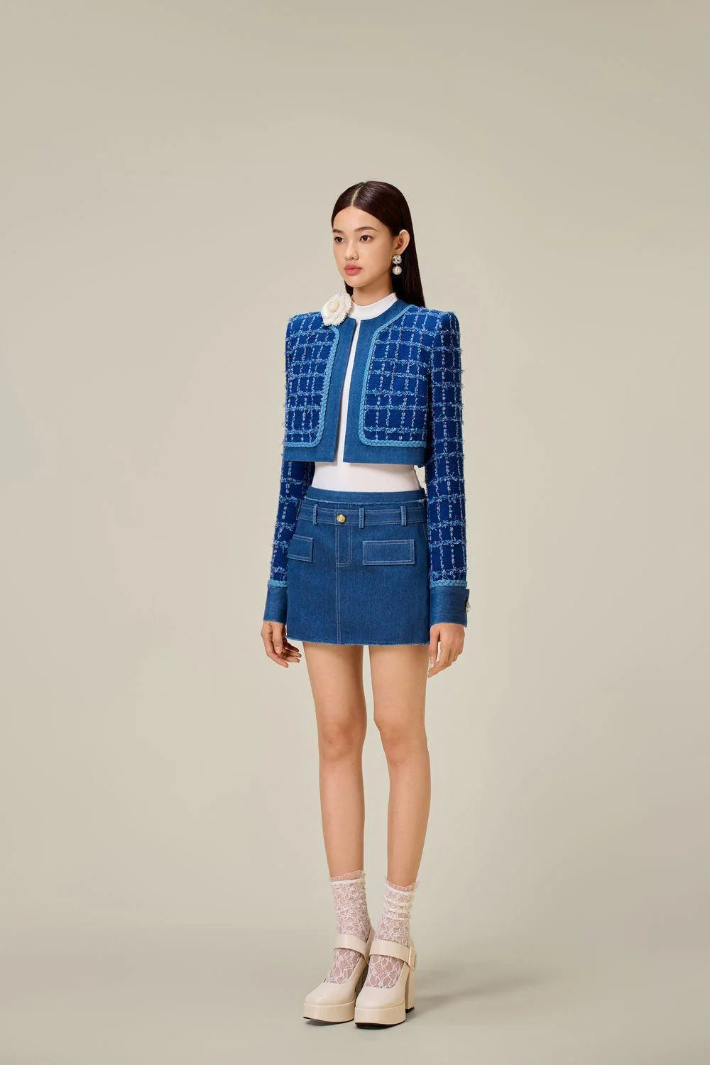 Flowering Girl Women Cathy patchwork Tweed Jacket in blue