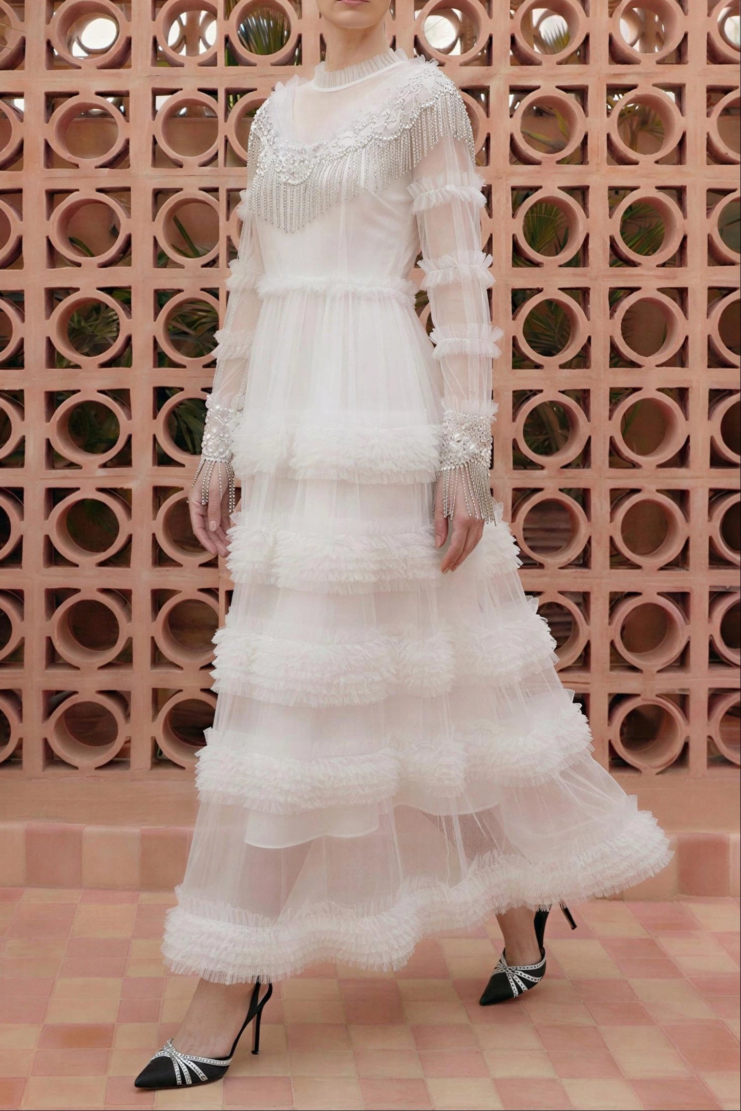 kimberley white Beaded Frill Round Neck Midi Dress