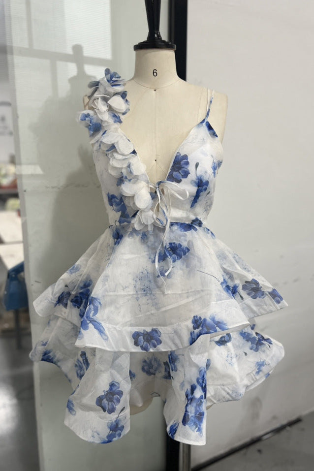 Flowering Girl Women Helen 3D Flower Chiffon Ruffle Mini Dress In Blue