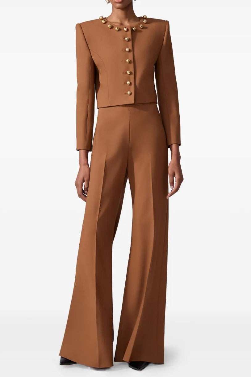 Miranda Pale Brown Button-Decorated Short Jacket Two-Piece Set