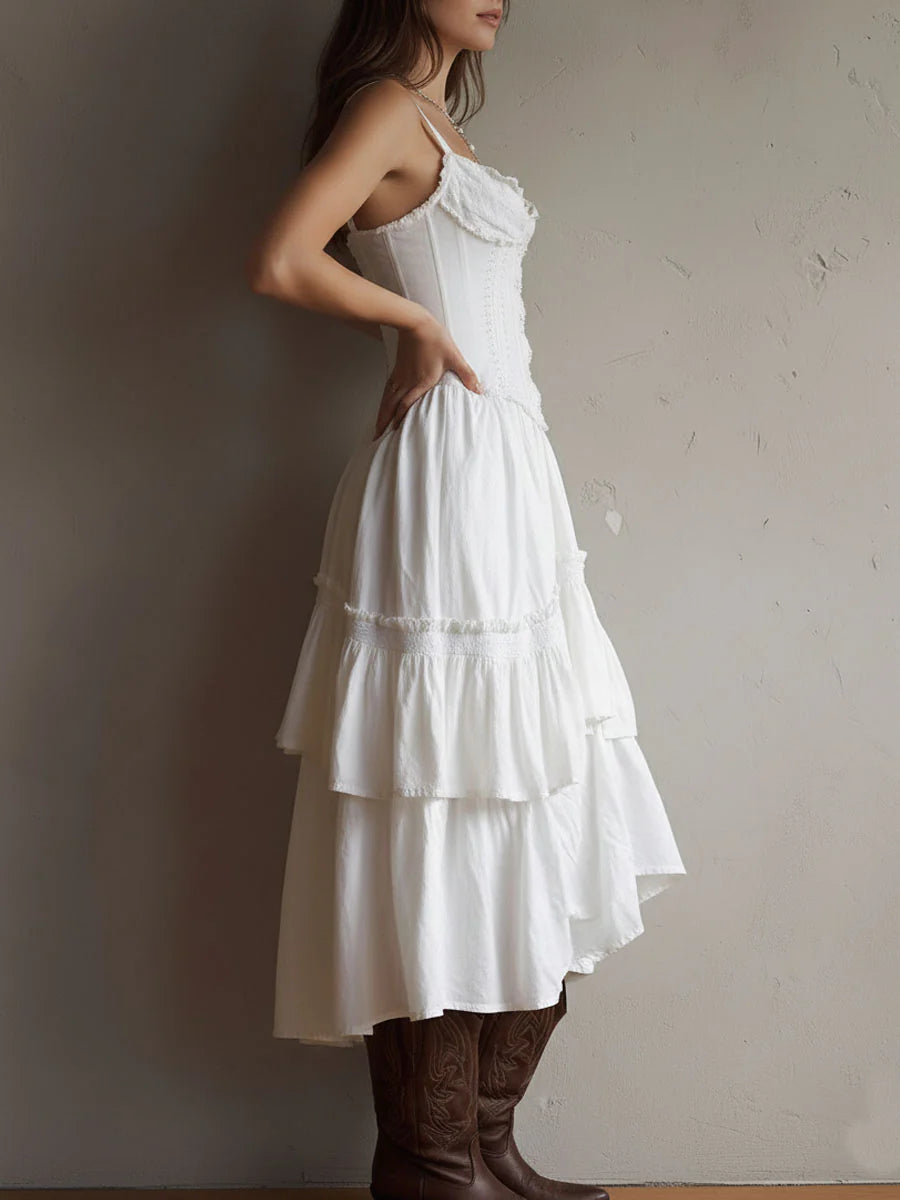 Corset-Style Lace Trim Tiered Midi Dress