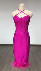 Flowering Girl Women ROSE RED OSTRICH FEATHER HALTER NECK BACKLESS TIGHT DRESS
