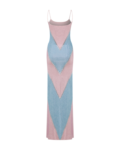 simona fully rhinestoned bodycon maxi dress - blue & pink