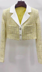 Flowering Girl Women Yellow Color Light Thin Tweed Short Coat & Skirt