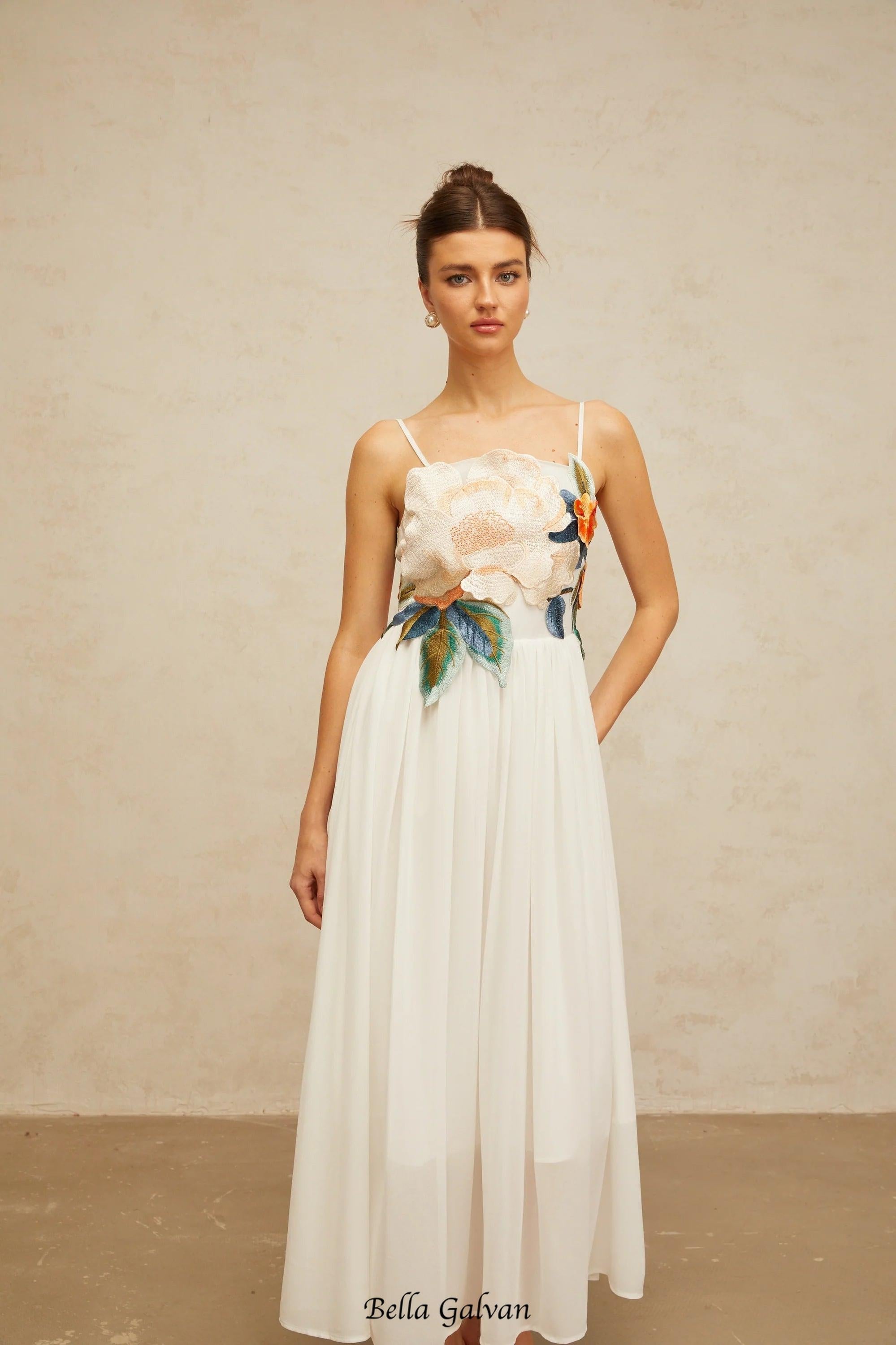 joann Appliqué Camellia Floral Maxi Dress in white