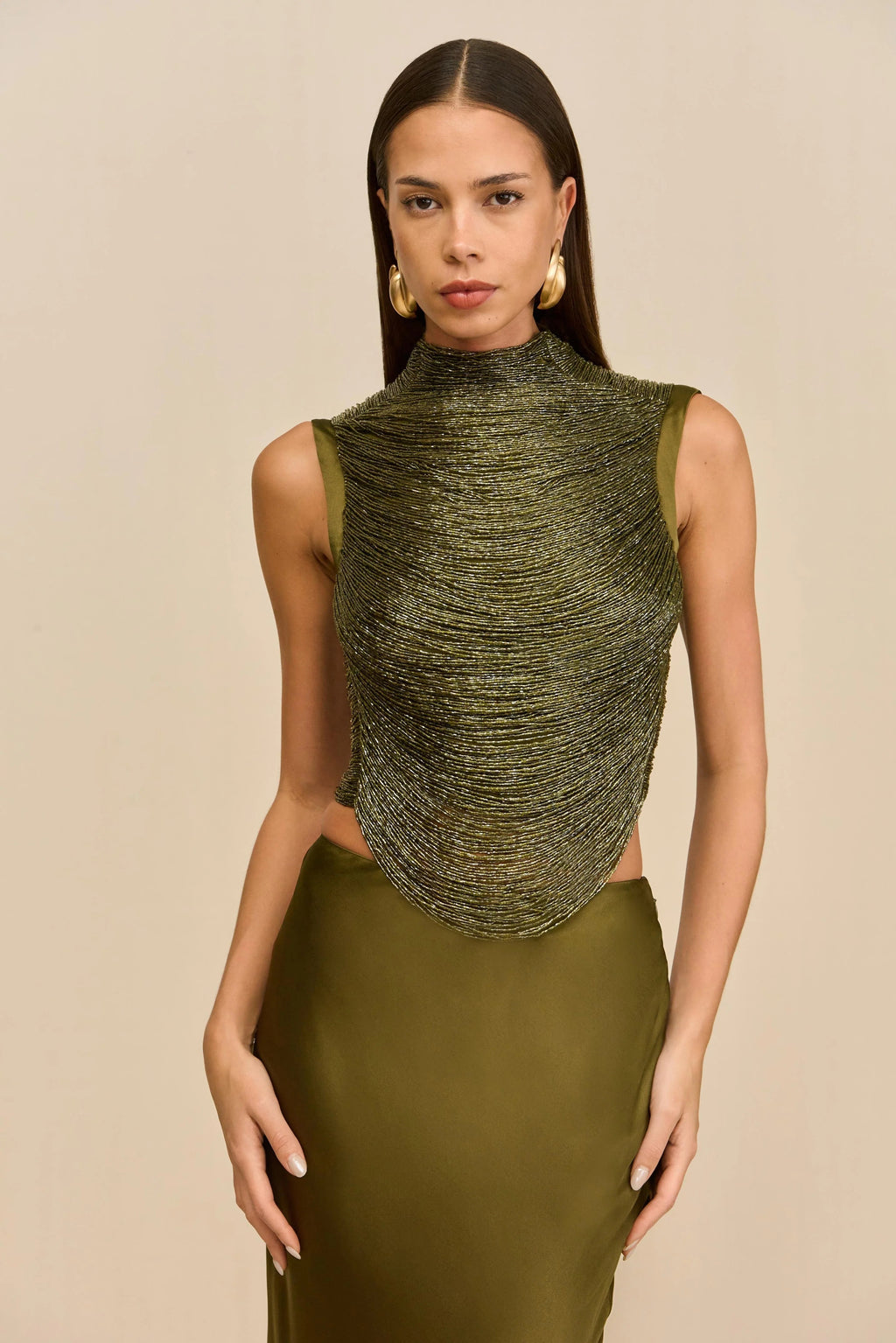 Sleeveless Turtleneck Tassel Paneled Top and Satin Skirt Set in green