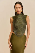 Sleeveless Turtleneck Tassel Paneled Top and Satin Skirt Set in green