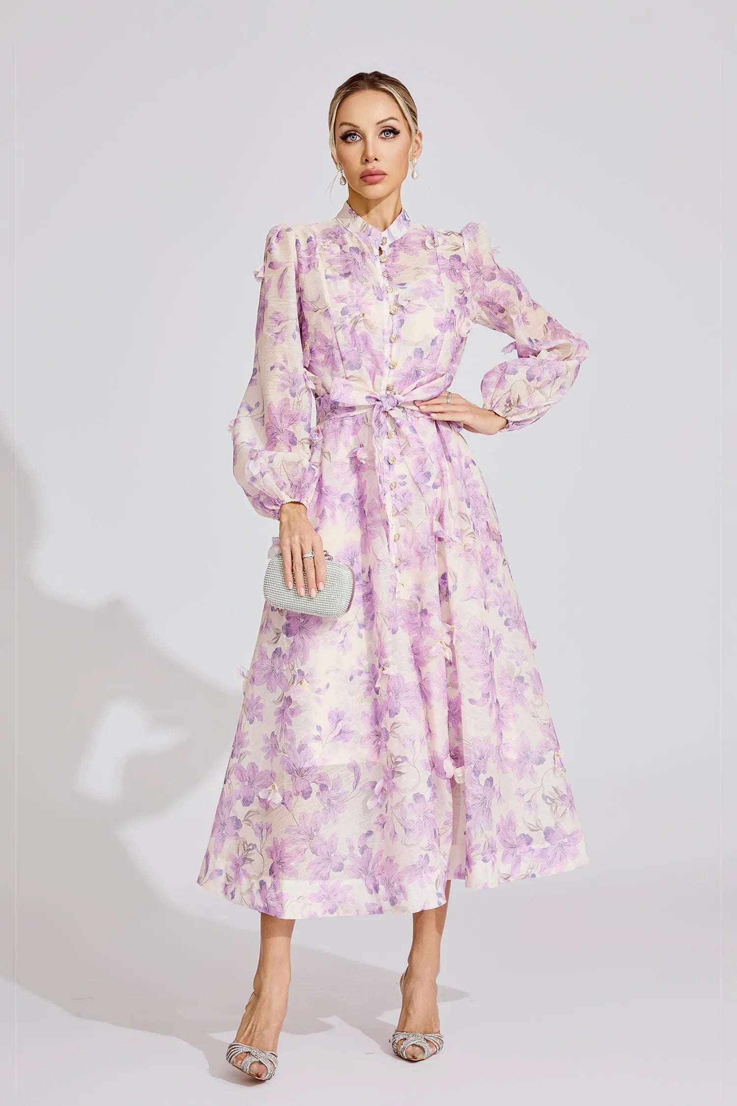 Simona Floral Print Lantern Sleeve Maxi Dress In Purple