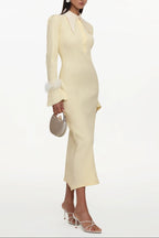 Irma Yellow Long Sleeve Feather Knit Maxi Dress