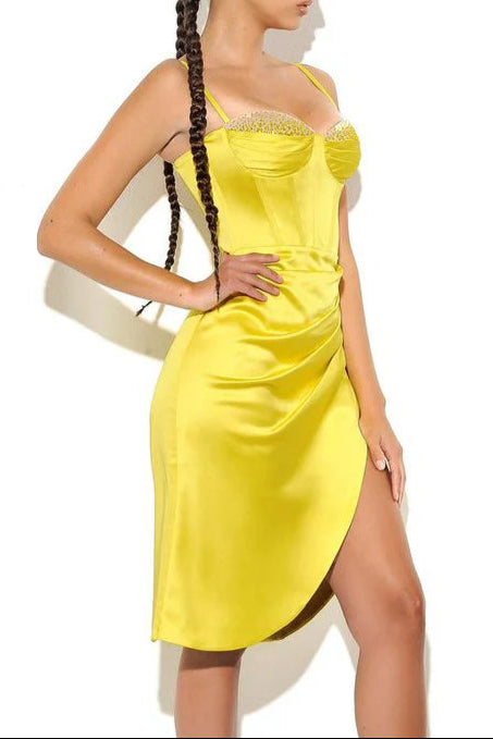 Flowering Girl Women Lemon Yellow Pleated Satin Mini Dress