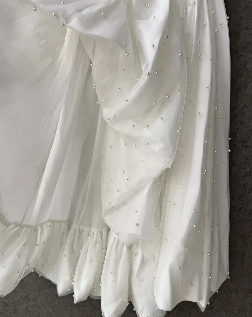 Flowering Girl Women White Strapless Ruched Pearl Draped Chiffon High Slit Maxi Gown