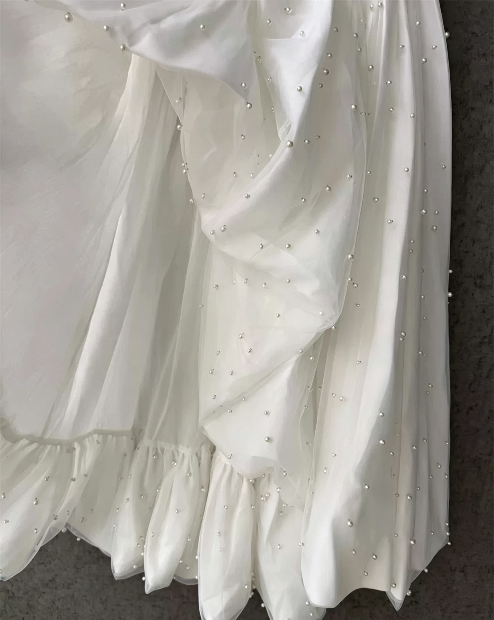 Flowering Girl Women White Strapless Ruched Pearl Draped Chiffon High Slit Maxi Gown