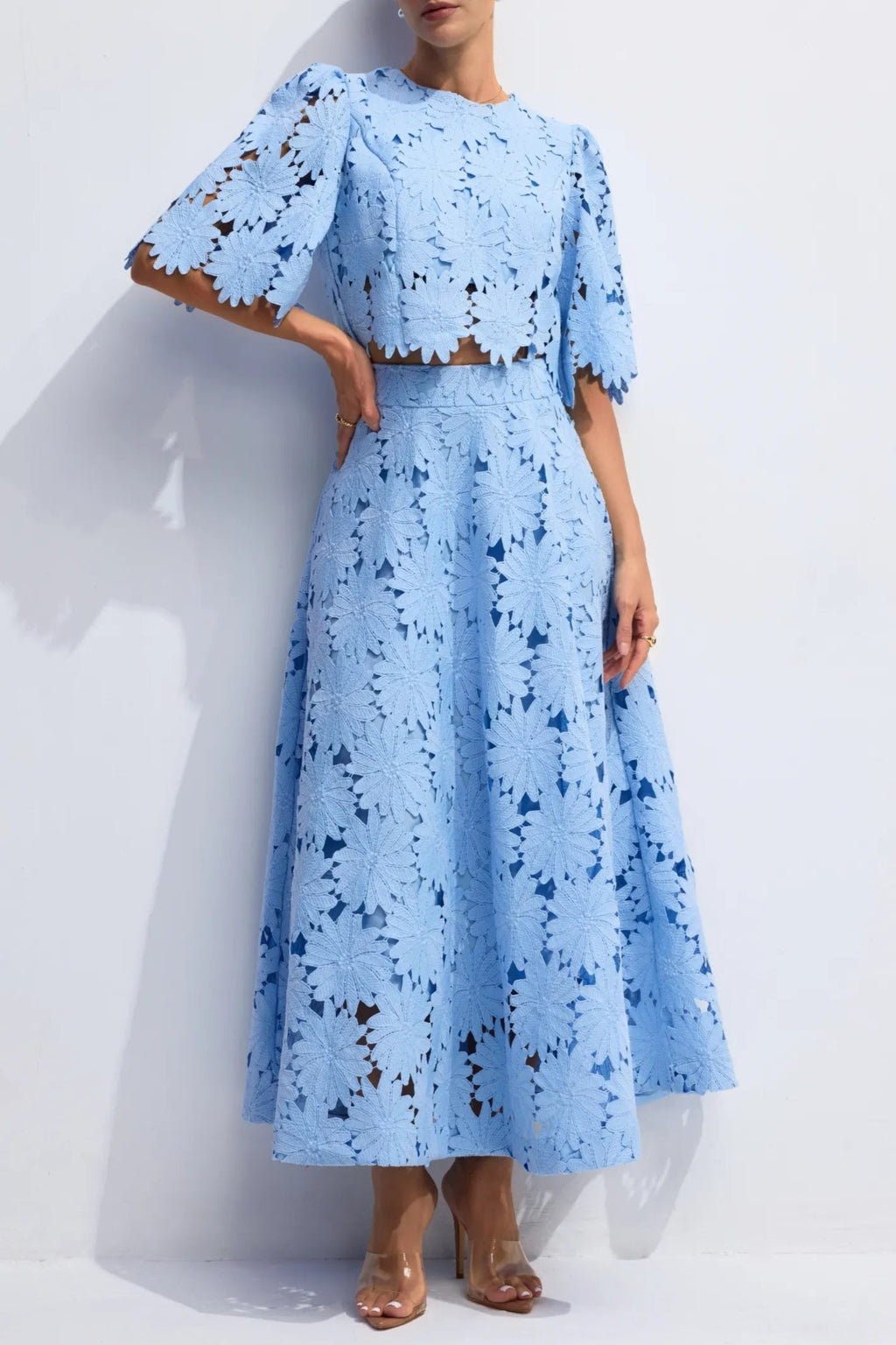 Lace Embroidered Top & Maxi Skirt Two-Piece Set in blue
