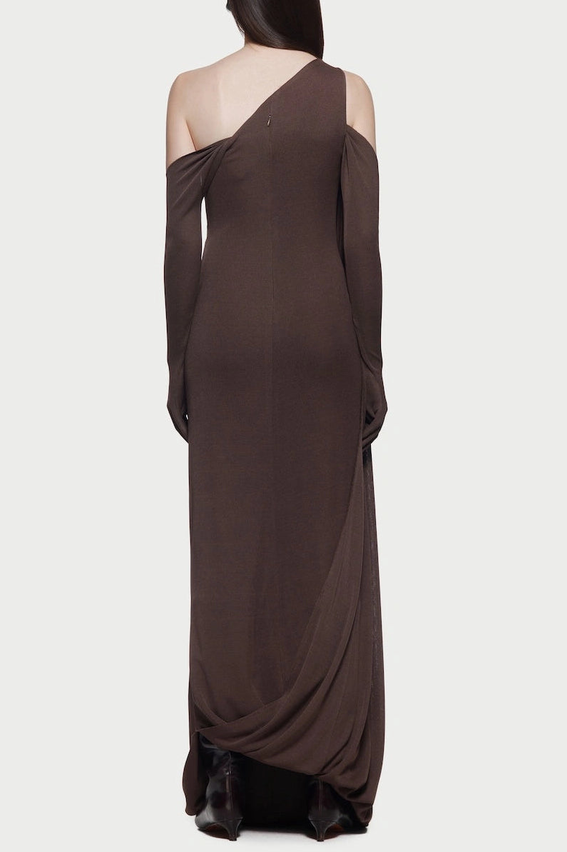 Flowering Girl Women Xaviera One-Shoulder Pleated Backless Maxi Dress In Brown