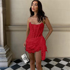 Red Strapless Bandage Backless Floral Lace Corset Tube Mini Dress