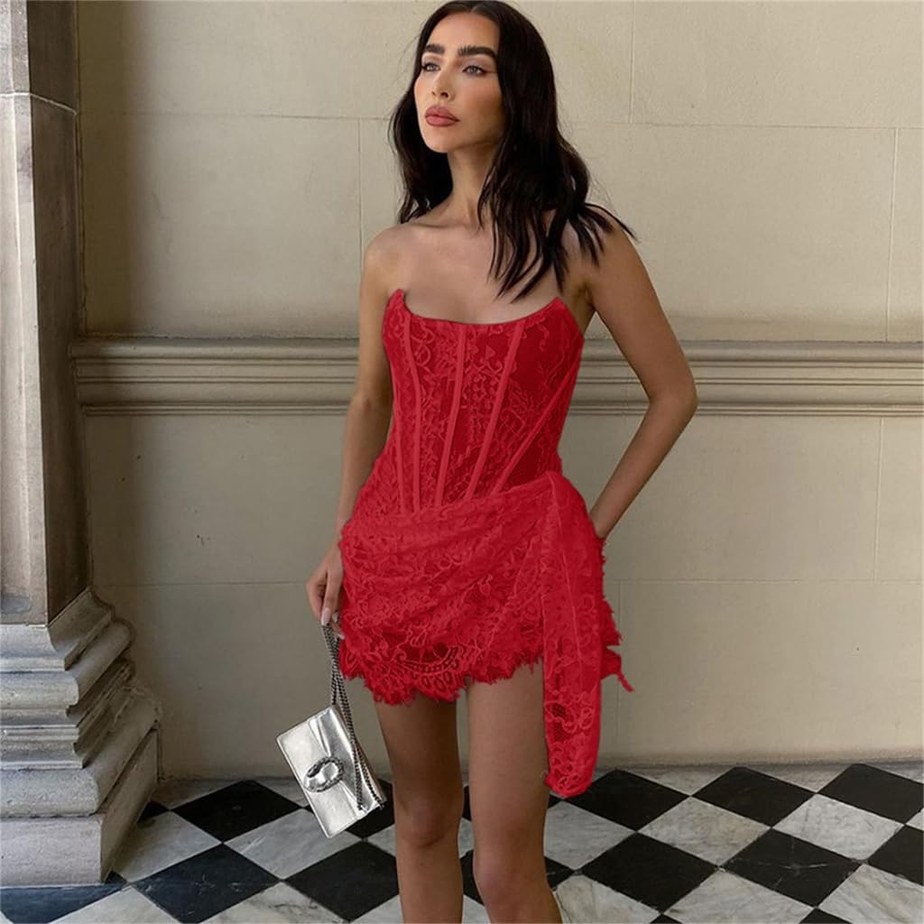 Red Strapless Bandage Backless Floral Lace Corset Tube Mini Dress