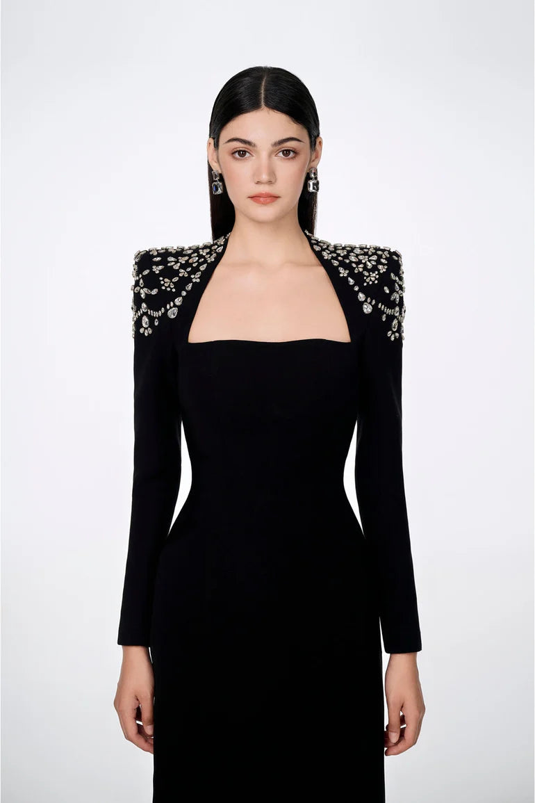 Flowering Girl Women crystal-embellished black long sleeve maxi dress