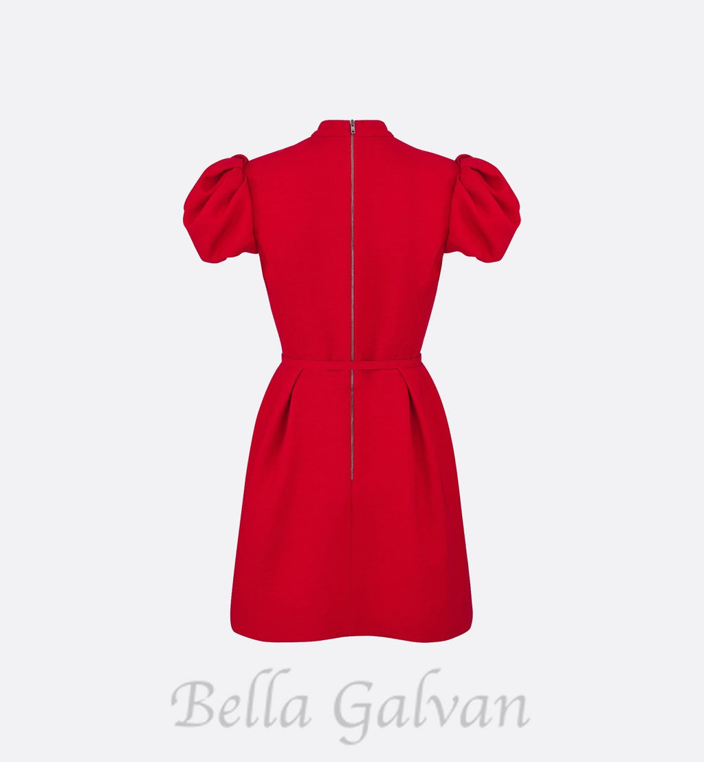 Flowering Girl Women puff sleeve pleated mini dress in red (without black belt)