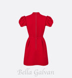 Flowering Girl Women puff sleeve pleated mini dress in red (without black belt)