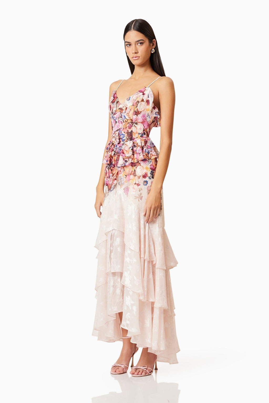 Perla Irregular floral print maxi dress in pink red