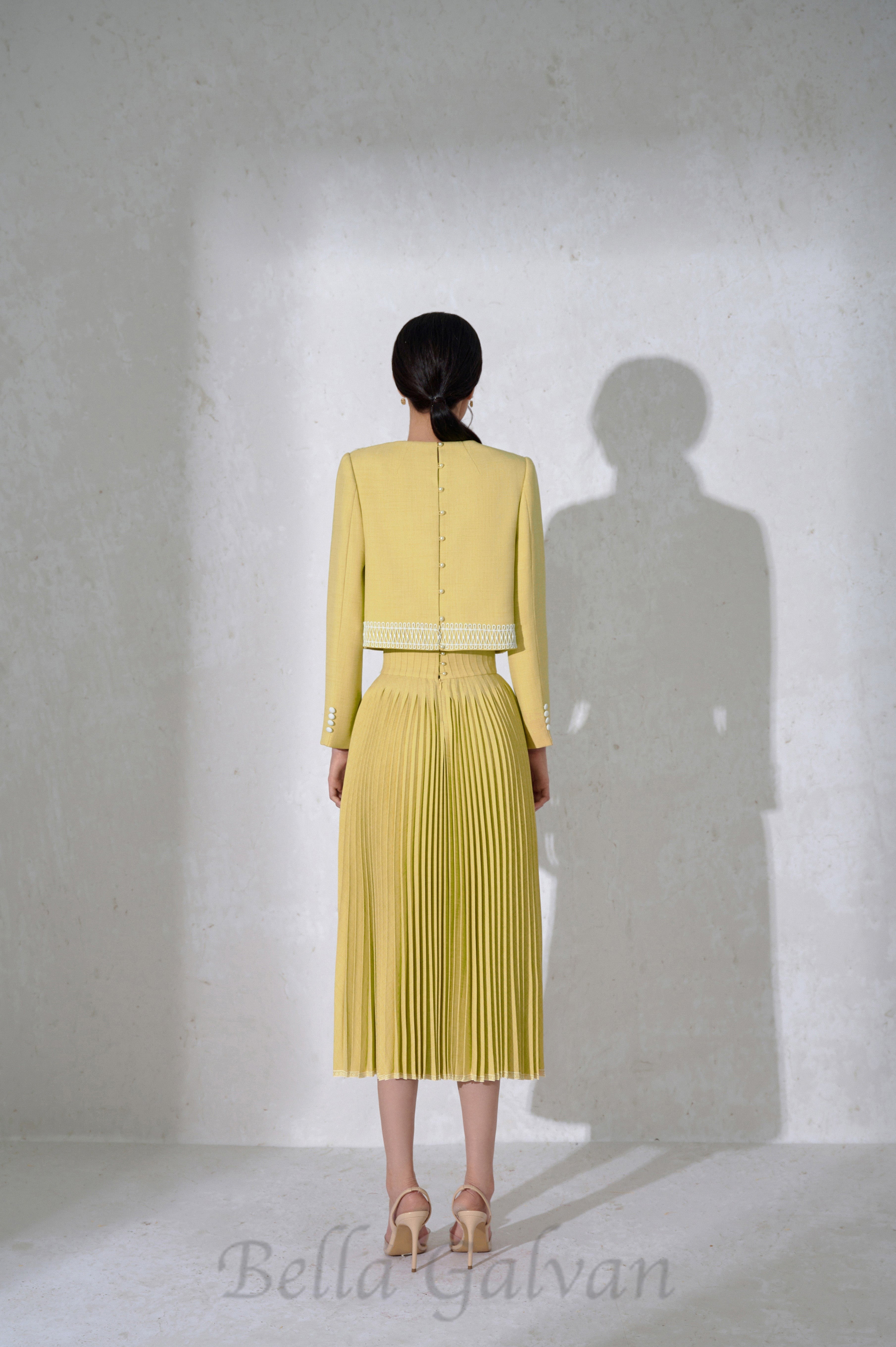 Flowering Girl Women draped top pleat skirt set in yellow