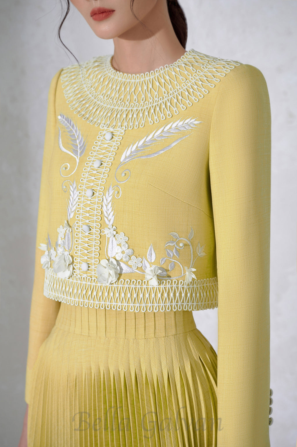 Flowering Girl Women draped top pleat skirt set in yellow