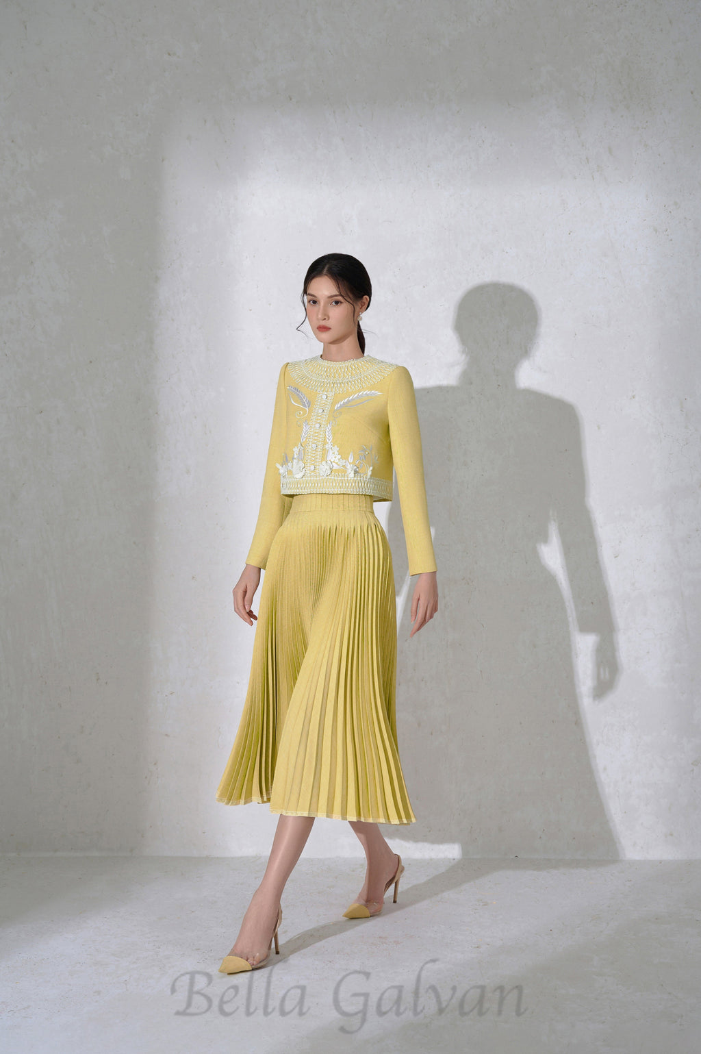 Flowering Girl Women draped top pleat skirt set in yellow