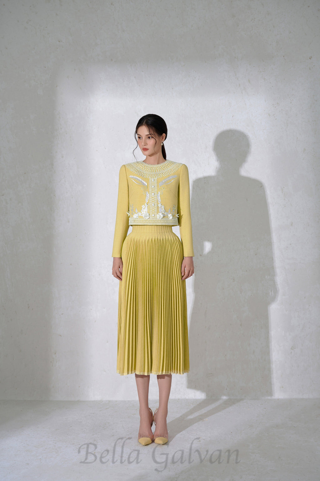 Flowering Girl Women draped top pleat skirt set in yellow