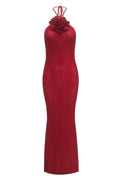 Flowering Girl Women ursula 3d flower sequin halter maxi dress in red