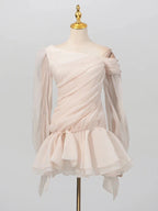 Apricot Ruffle Diagonal Long Sleeve Mini Dress
