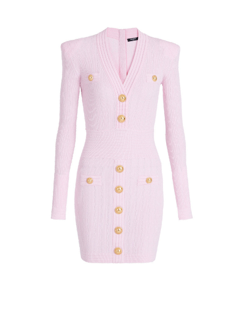vicky v-neck button-detail ribbed mini dress in pink