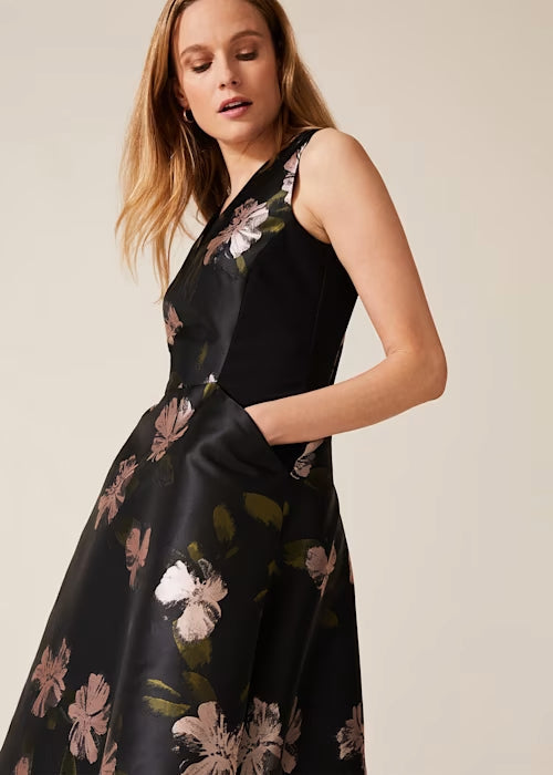Flowering Girl Women floral jacquard midi dress in black