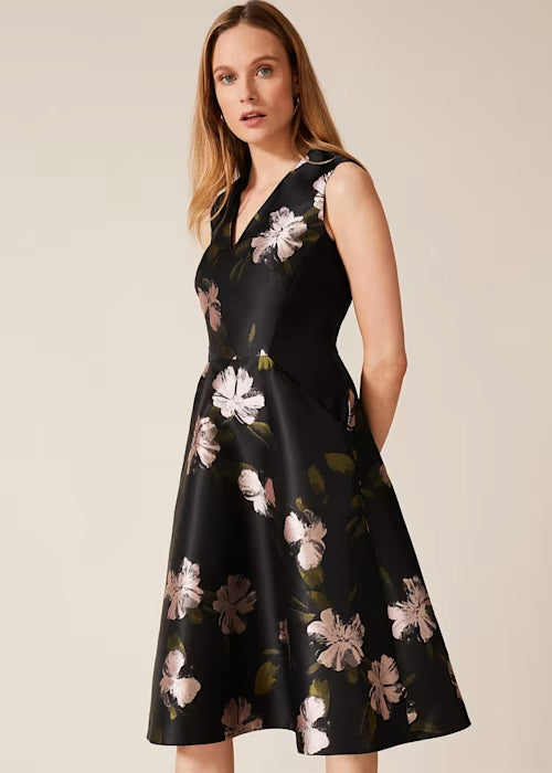 Flowering Girl Women Floral Jacquard Midi Dress In Black