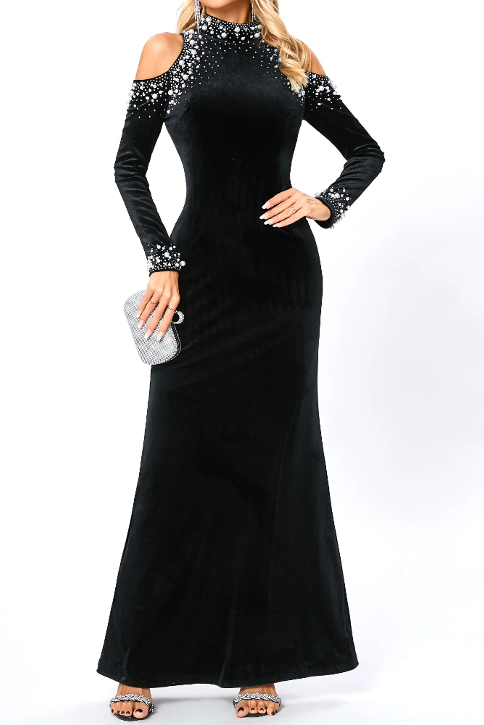 Flowering Girl Women barbara sequin embellished long sleeve maxi dress in black