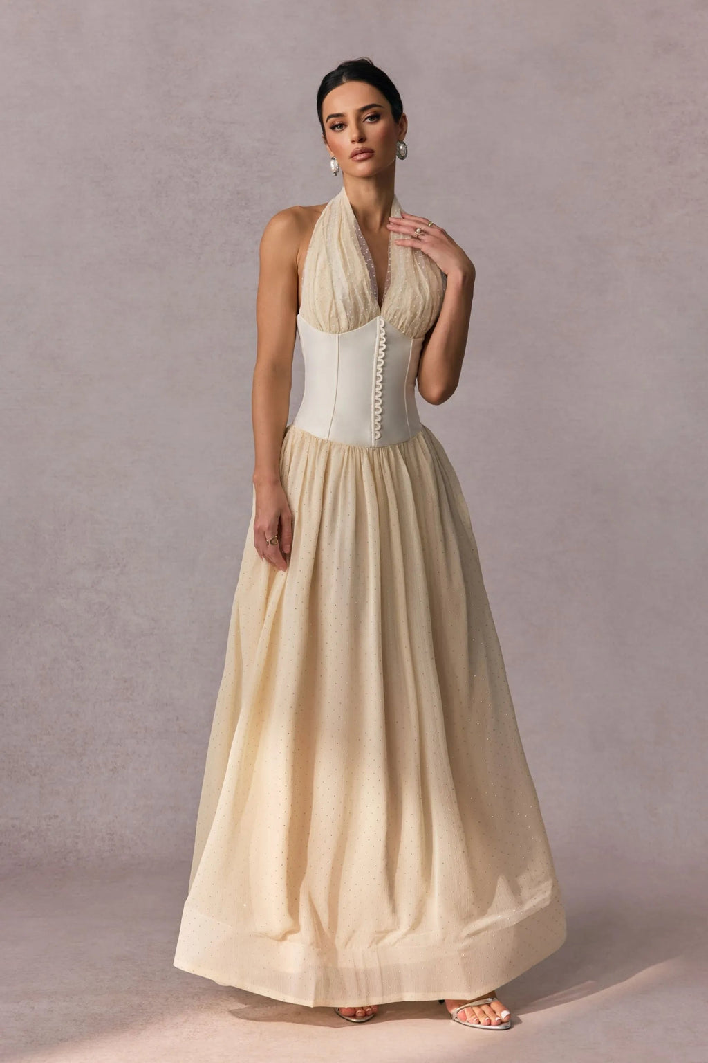 Flowering Girl Women tiffany halterneck tulle overlay maxi dress in apricot