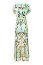 Flowering Girl Women Green-Multi Printed Ruffled V-Neck Irregular Hem Silk Maxi Dress