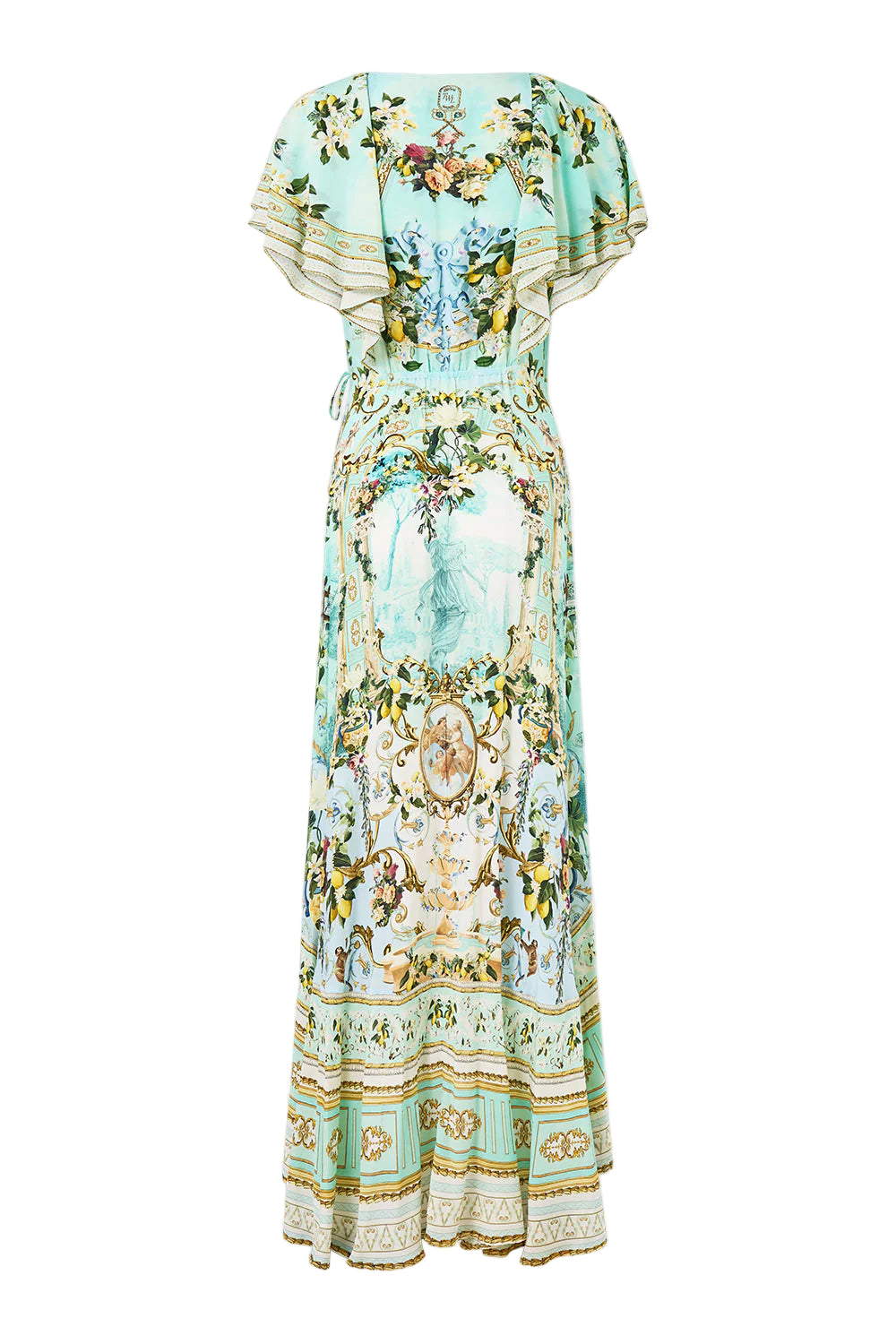 Flowering Girl Women Green-Multi Printed Ruffled V-Neck Irregular Hem Silk Maxi Dress