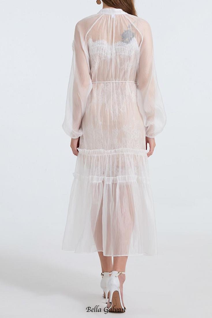 See-through blouse maxi dress with lace skirt in white